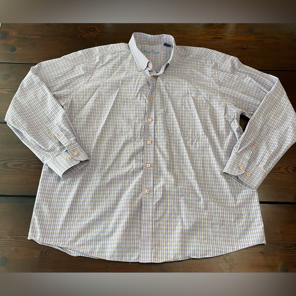 Alan Flusser Mens XXL Button Down Shirt Blue Pink Yellow Red Cotton Long Sleeve